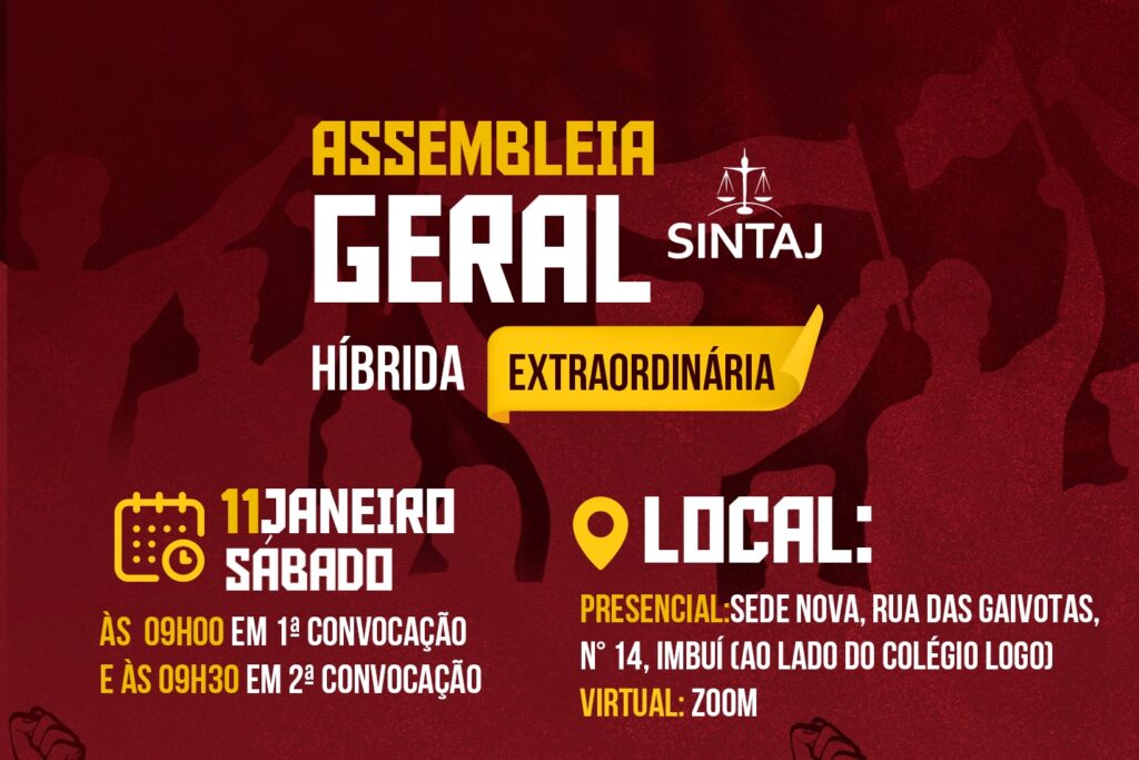 SINTAJ REALIZA ASSEMBLEIA EXTRAORDINÁRIA NO PRÓXIMO SÁBADO (18)