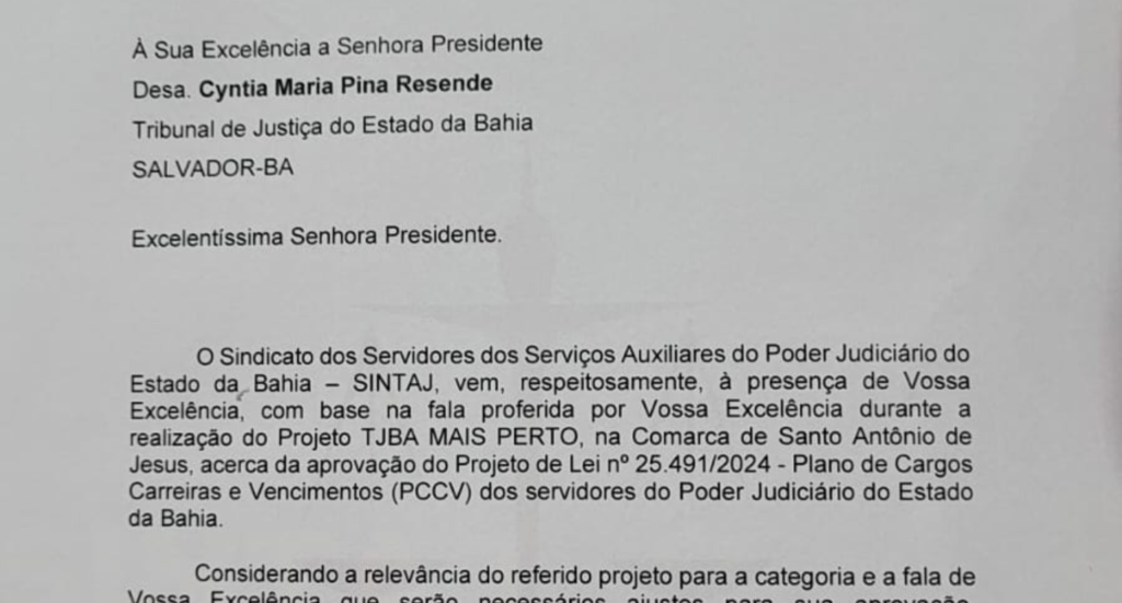 SINTAJ SOLICITA REUNIÃO COM A PRESIDENTE DO TJBA PARA TRATAR DO PCCV